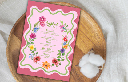 Colorful Floral Cocktail Menu Template, Printable Drinks Sign, Bar Menu Garden Party, Drink Menu, Biotical Wavy Cocktail Menu. WSB39