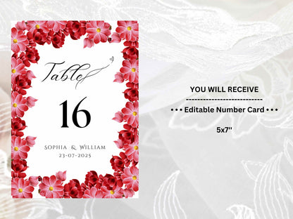 Wedding Table Numbers Template, Wedding Table Numbers, Pink Flower, Floral Wreath, Printable Table Numbers, Wedding Seating Chart. TS5