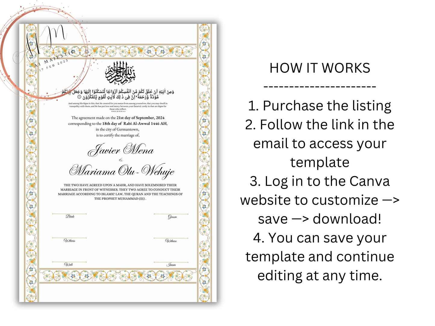 Luxury Nikkah Certificate, Premium A4 Islamic Wedding Contract, Nikkah Nama, Muslim Marriage Certificate, Personalised Names, A4, A3. NN274