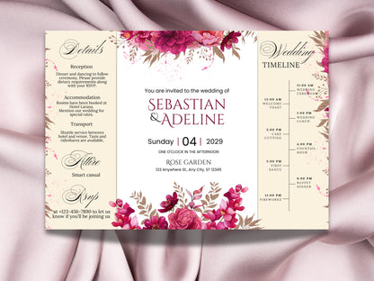 Wedding Invitation Trifold Template Canva, INSTANT DOWNLOAD, Pink Florals Trifold Invite Photo, Floral Pink Trifold Card,Pink Floral. WIB119