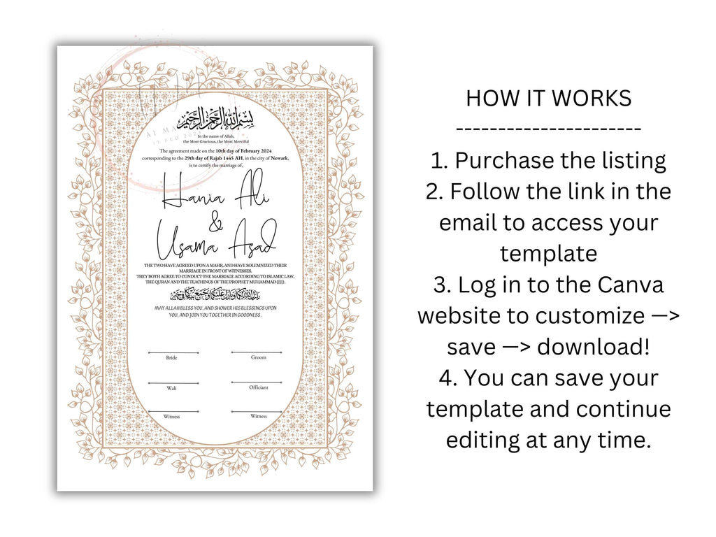 Nikkah Certificate Digital Download Personalised, A4, A3, Template, Instat Download. NN210
