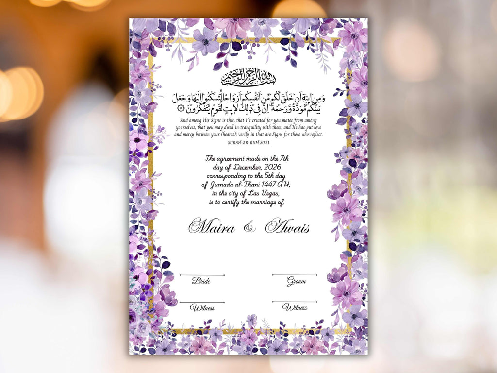 Nikkah Certificate Digital Download Personalised, A4, A3, Template, Editable, Floral Nikkah Nama, Nikkah Contract, Muslim Contract. NN293