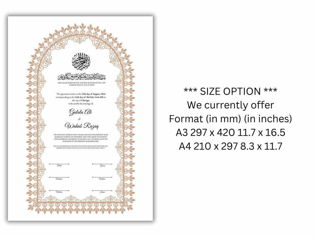 A4 / A3 Nikkah Contract Template, Islamic Wedding Certificate, Nikkahnama Digital Customized. NN160