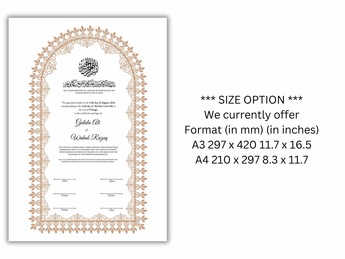 A4 / A3 Nikkah Contract Template, Islamic Wedding Certificate, Nikkahnama Digital Customized. NN160