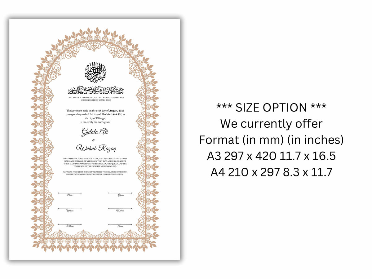 A4 / A3 Nikkah Contract Template, Islamic Wedding Certificate, Nikkahnama Digital Customized. NN160