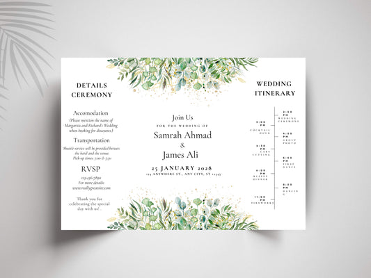 Greenery Gatefold Wedding Invitation | Printable Floral Invite | Gatefold Invite | Editable Template | Modern Wedding Itinerary | WIB128