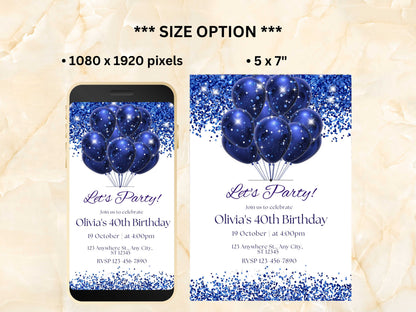 Editable Blue Birthday Invitation for Men, Printable Navy Blue Birthday Party Invitation, Classy Balloons Text Evite Template WEIB82