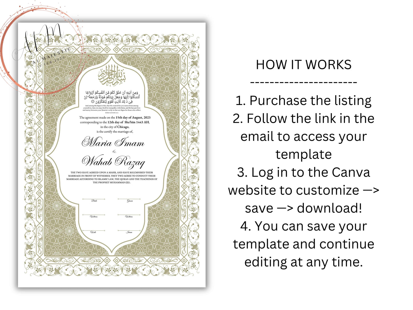 Nikkah Certificate Digital Download Personalized, Luxury Nikkah Contract, Islamic Wedding Contract, Personalized Muslim Wedding Gift. NN191