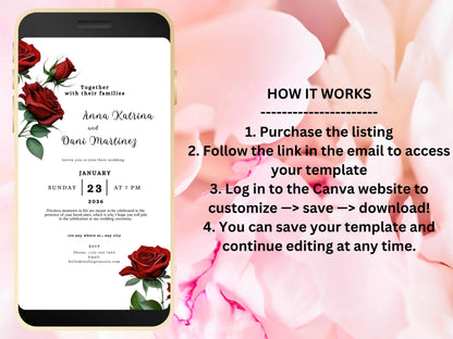 Red Rose Wedding Evite Template, Electronic Wedding Invitation, Red Rose video Wedding Invitation, Text Message, Mobile Phone Invite. WEI36