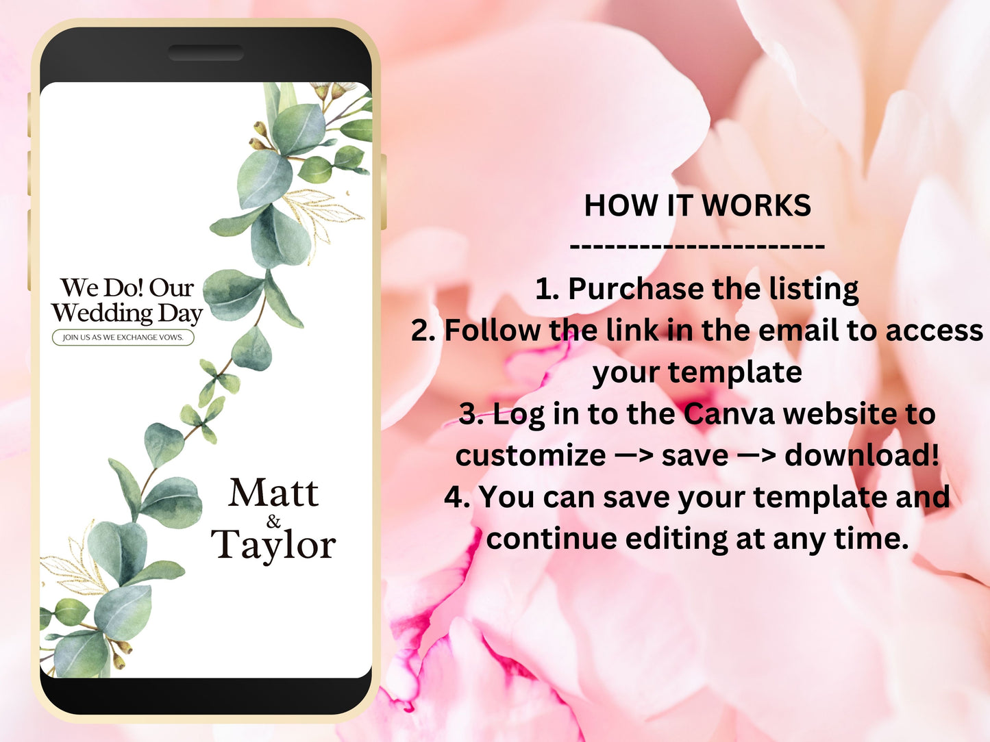 Digital Wedding Invitation, Eucalyptus Mobile Invite, Greenery invitation Template, Greenery Smartphone Evite, Mobile Invite. WEI34