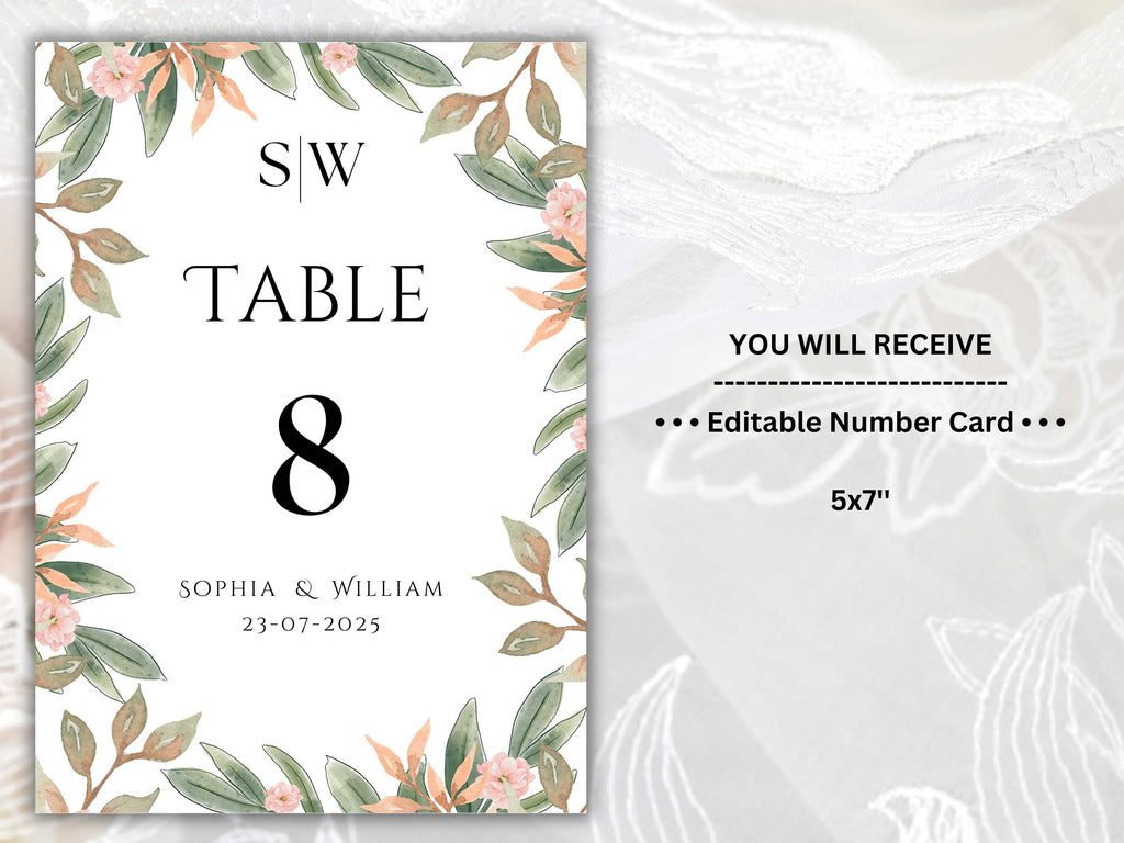Wedding Table Numbers Template, Wedding Table Numbers, Pink Flower, Floral Wreath, Printable Table Numbers, Wedding Seating Chart. TS2
