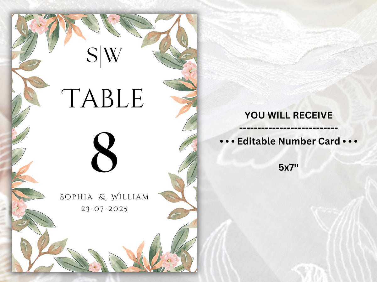 Wedding Table Numbers Template, Wedding Table Numbers, Pink Flower, Floral Wreath, Printable Table Numbers, Wedding Seating Chart. TS2