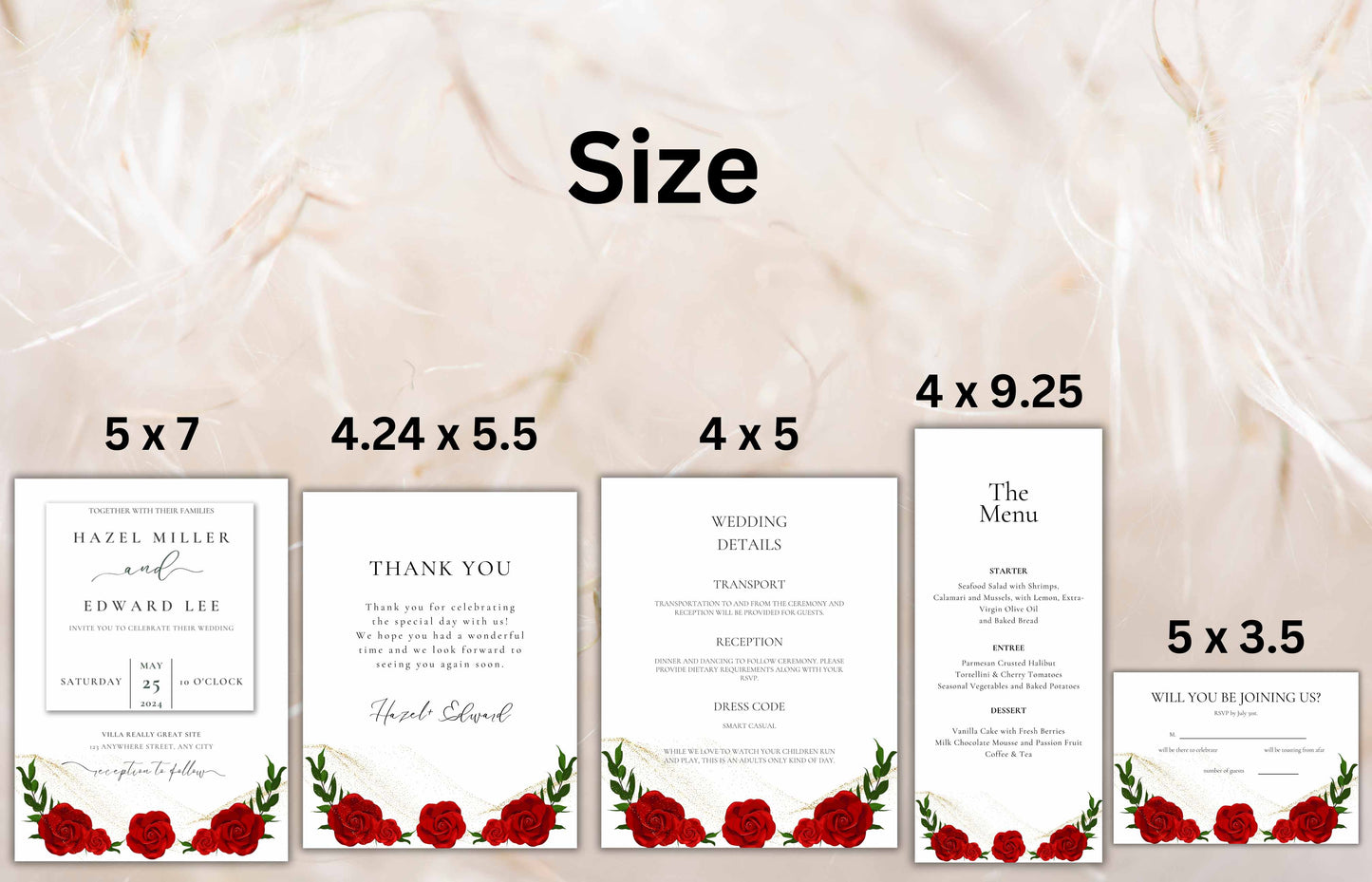 Red Rose Wedding Invitation set, Red Rose RSVP, Dark Red floral, Red Rose wedding Invitation, Details, Menu, Editable, Thank You Card. WIT62