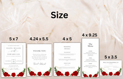 Red Rose Wedding Invitation set, Red Rose RSVP, Dark Red floral, Red Rose wedding Invitation, Details, Menu, Editable, Thank You Card. WIT62