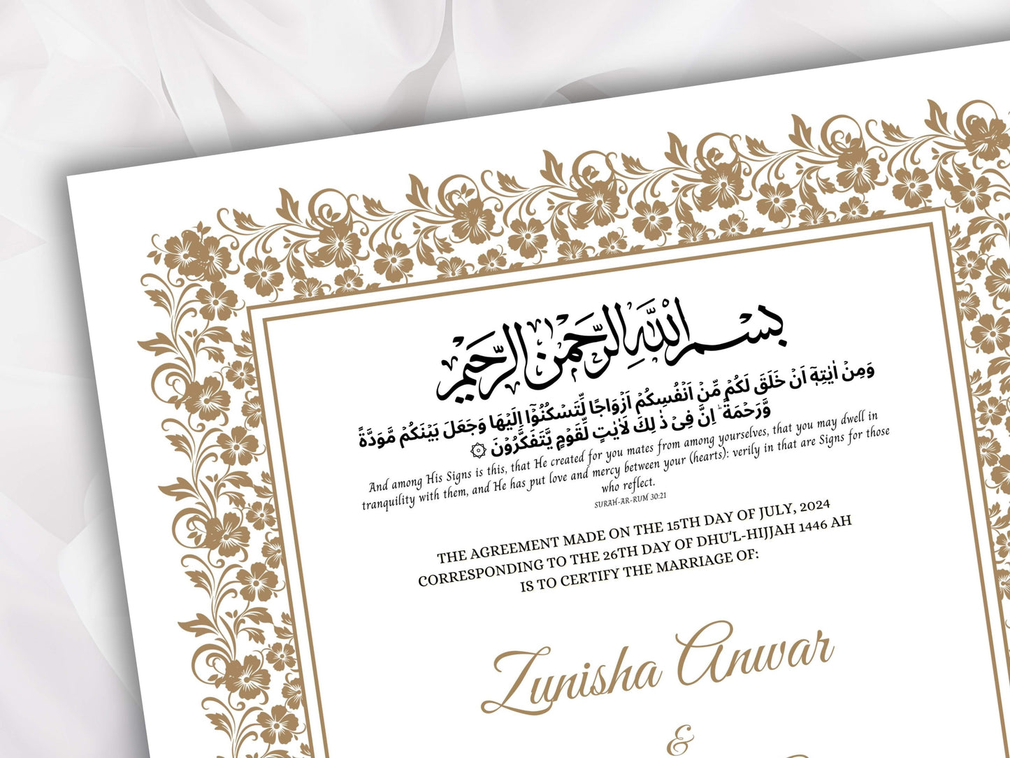 Nikkah Certificate Template, Traditional Islamic Wedding Agreement, Marriage Contract Wedding, Marriage Certificate Template, A4, A3. NN260