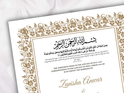 Nikkah Certificate Template, Traditional Islamic Wedding Agreement, Marriage Contract Wedding, Marriage Certificate Template, A4, A3. NN260