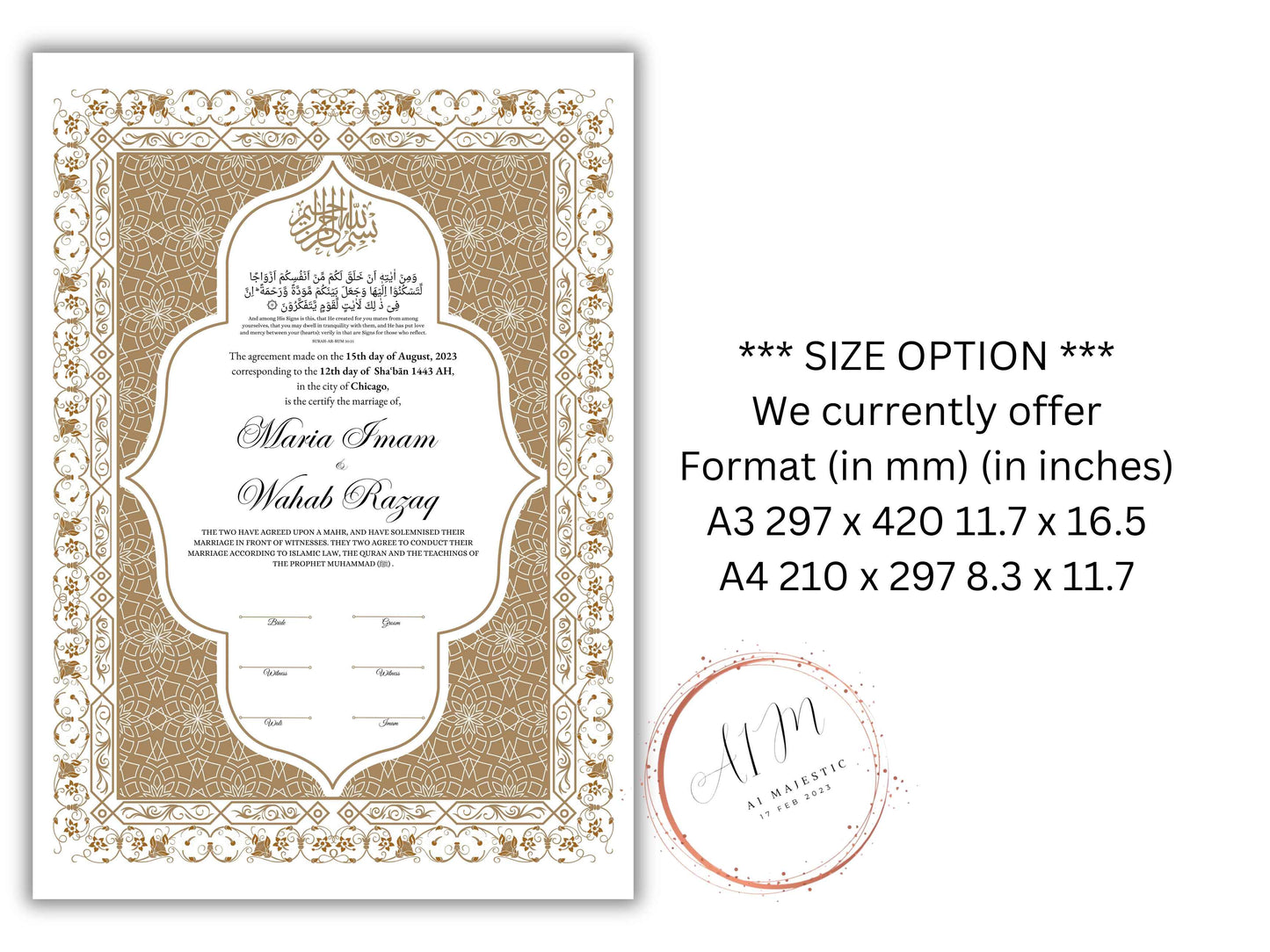 Nikkah Certificate Digital Download Personalized, Luxury Nikkah Contract, Islamic Wedding Contract, Personalized Muslim Wedding Gift. NN188