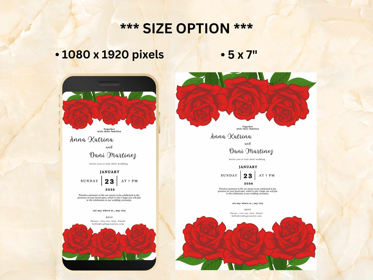 Red Roses Wedding Invite, Floral Wedding, Electronic Wedding Invite, Editable Wedding Template, Red Rose Printable Card. Digital. WEI26