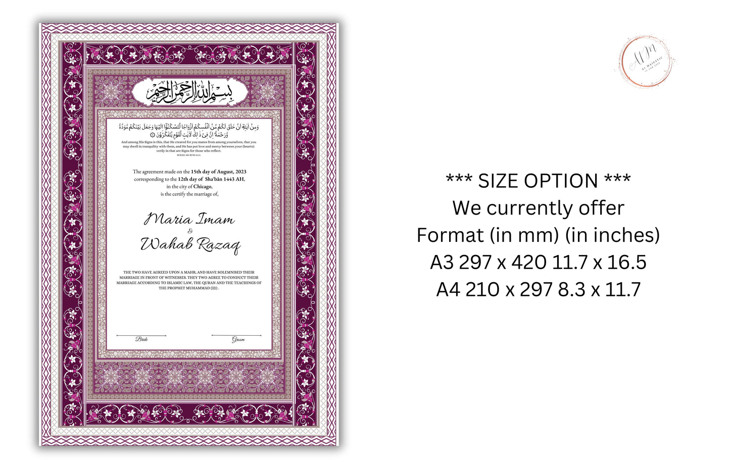 Nikkah Certificate Digital Download Personalized, Luxury Nikkah Contract, Islamic Wedding Contract, Personalized Muslim Wedding Gift. 174