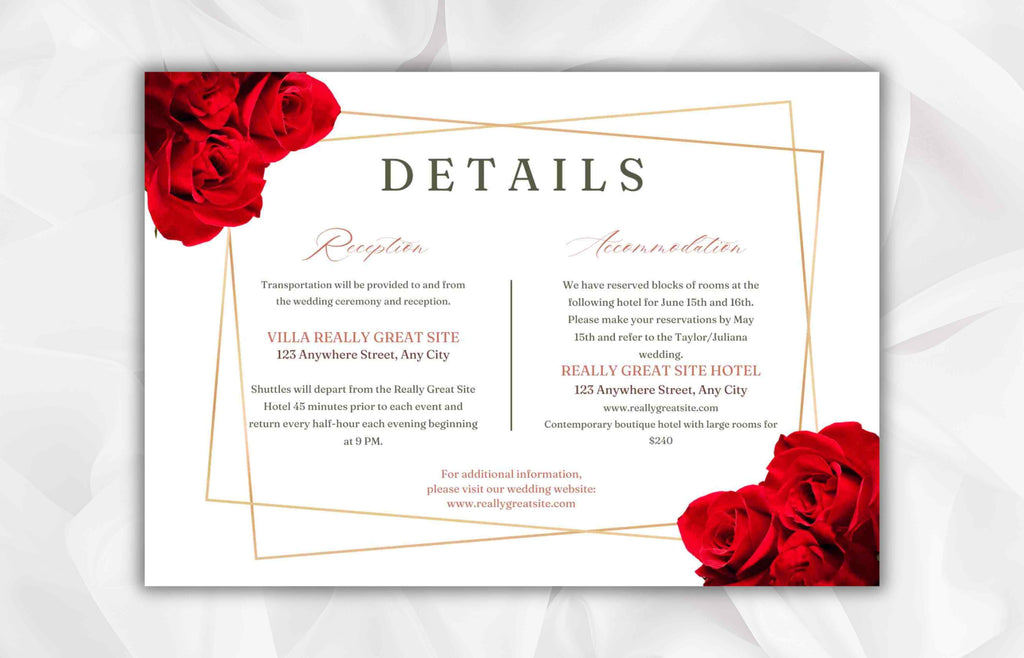 Elegant Red Rose Wedding Invitation Suite, Red Rose Wedding Invitation with Gold Frame, Printable Suite, Burgundy Editable Rsvp. WI99