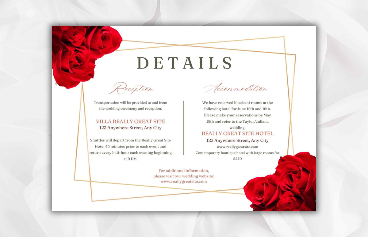 Elegant Red Rose Wedding Invitation Suite, Red Rose Wedding Invitation with Gold Frame, Printable Suite, Burgundy Editable Rsvp. WI99