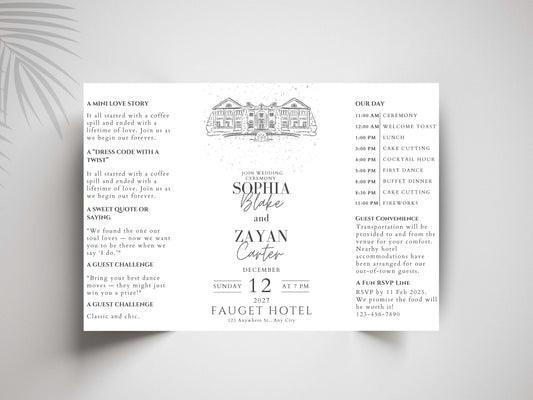 Minimalist Wedding Invitation Fold Card | Elegant Modern Wedding Timeline & Details | Printable or Printed Invite. WIB129