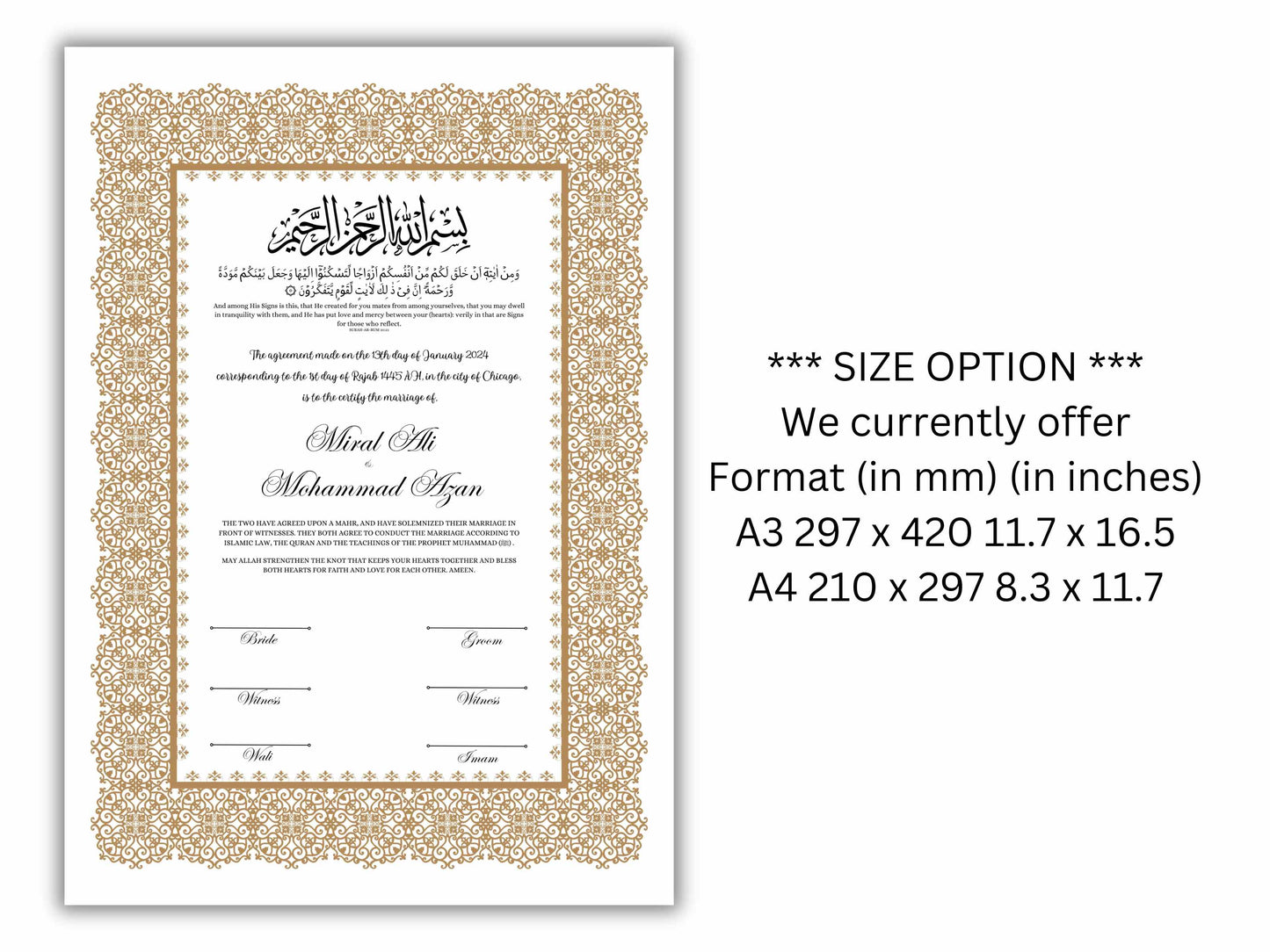 Luxury Nikkah Certificate, Premium A4/A3 Islamic Wedding Contract, Nikkah Nama, Muslim Marriage Certificate, Personalised Names, NN198