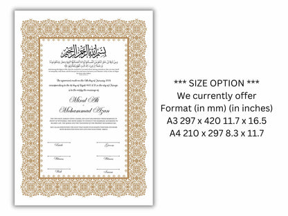 Luxury Nikkah Certificate, Premium A4/A3 Islamic Wedding Contract, Nikkah Nama, Muslim Marriage Certificate, Personalised Names, NN198