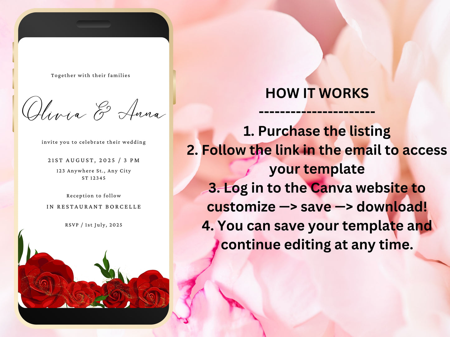 Red Rose Wedding Evite Template, Electronic Wedding Invitation, Red Rose video Wedding Invitation, Text Message, Mobile Phone Invite. WEI35