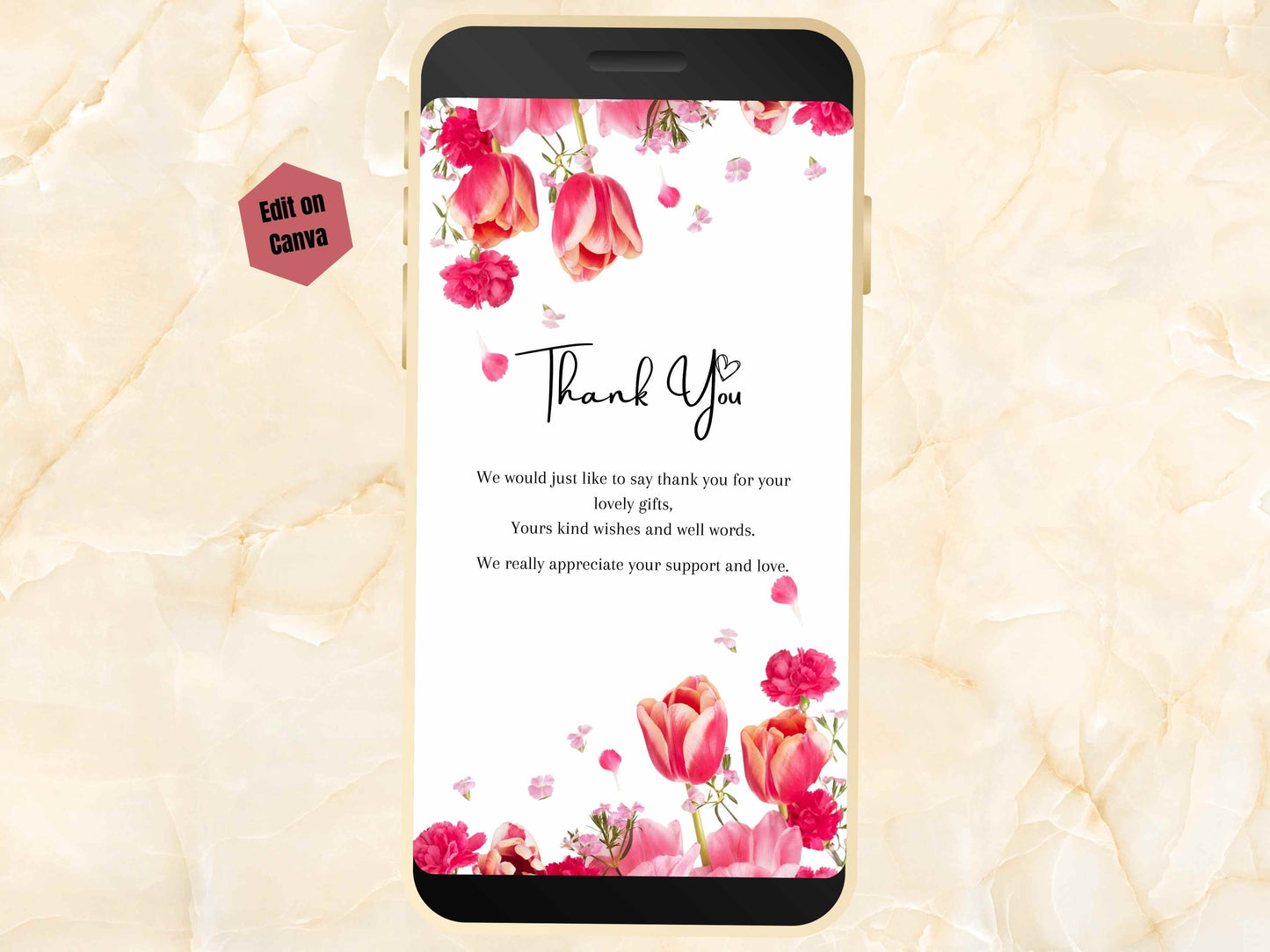 Floral Electronic Thank You Card Template Digital, Editable Digital, Thank You Note eCard for Phone, Text Message. BTC23