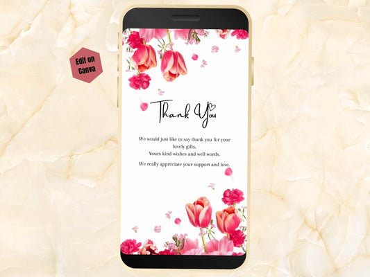 Floral Electronic Thank You Card Template Digital, Editable Digital, Thank You Note eCard for Phone, Text Message. BTC23