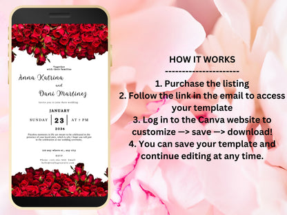 Red Rose Wedding Evite Template, Electronic Wedding Invitation, Red Rose video Wedding Invitation, Text Message, Mobile Phone Invite. WEI25