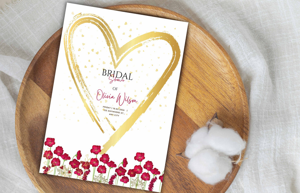 Red bridal shower invitation template, Red Wild Flower and Gold Heart invitation, 5 x 7 Editable Canva Template, Printable, B36