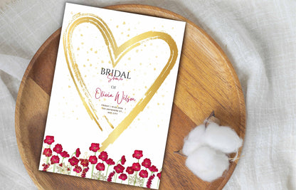Red bridal shower invitation template, Red Wild Flower and Gold Heart invitation, 5 x 7 Editable Canva Template, Printable, B36