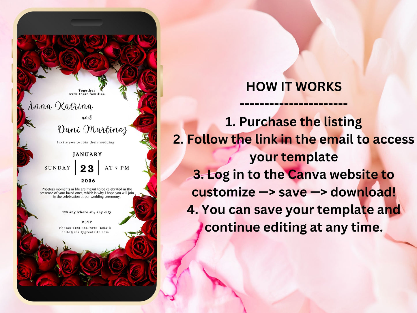 Red Rose Wedding Evite Template, Electronic Wedding Invitation, Red Rose video Wedding Invitation, Text Message, Mobile Phone Invite. WEI6