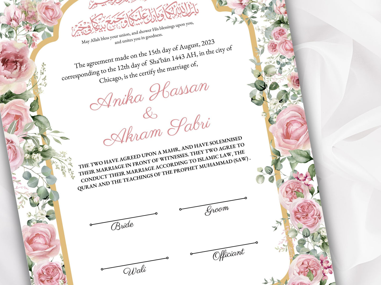 Nikkah Certificate, Muslim Nikkah Certificate, Islamic Marriage Contract Template,Pink Nikah Contract, Digital Download. NN269