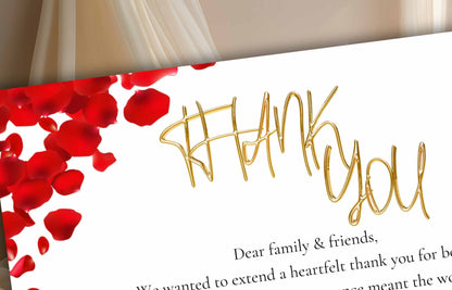 Printable Thank You Card, Editable Red, Gold and White Thank You Note, Red Petals Wedding Sign, Editable Modern Thank You Card. WSB48