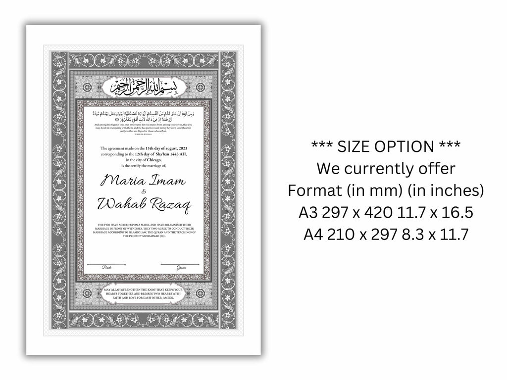 Luxury Nikkah Certificate, Premium A4 Islamic Wedding Contract, Nikkah Nama, Muslim Marriage Certificate, Personalised Names, A4, A3. NN173