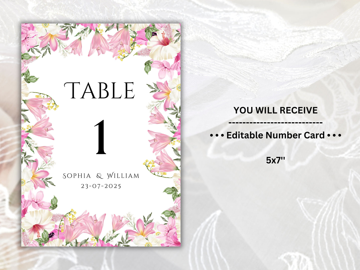 Wedding Table Numbers Template, Wedding Table Numbers, Pink Flower, Floral Wreath, Printable Table Numbers, Wedding Seating Chart. TS1