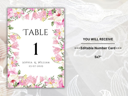 Wedding Table Numbers Template, Wedding Table Numbers, Pink Flower, Floral Wreath, Printable Table Numbers, Wedding Seating Chart. TS1