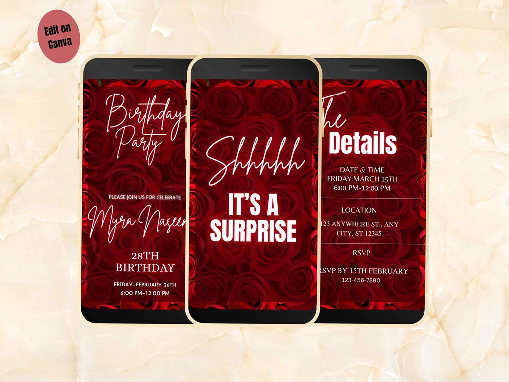 Red Birthday Party Invitation Template, Digital Red Rose  Birthday Dinner Invitation, Red Rose Birthday Evite, Editable Template. BEI19