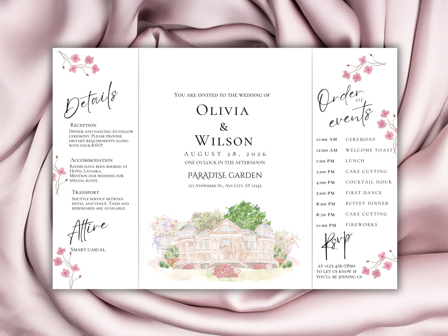 Elegant Trifold Wedding Invitation Template, Blossom Floral Wedding Invite, Editable Printable Invite, Garden Ceremony Card. WEIB121