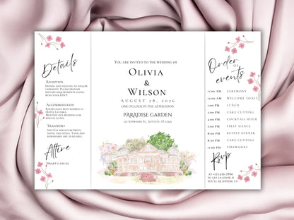 Elegant Trifold Wedding Invitation Template, Blossom Floral Wedding Invite, Editable Printable Invite, Garden Ceremony Card. WEIB121
