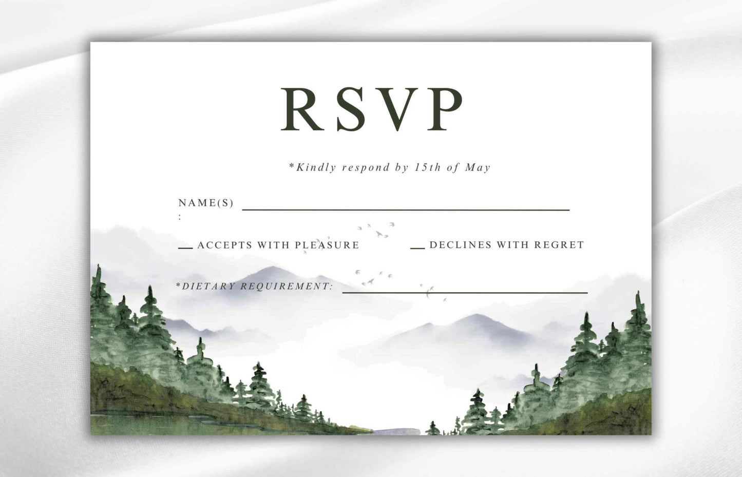 Rustic Mountain Wedding Invitation Suite: Woodland Forest Pine Design with Sage Details Card, Printable RSVP, Instant Download. WI94