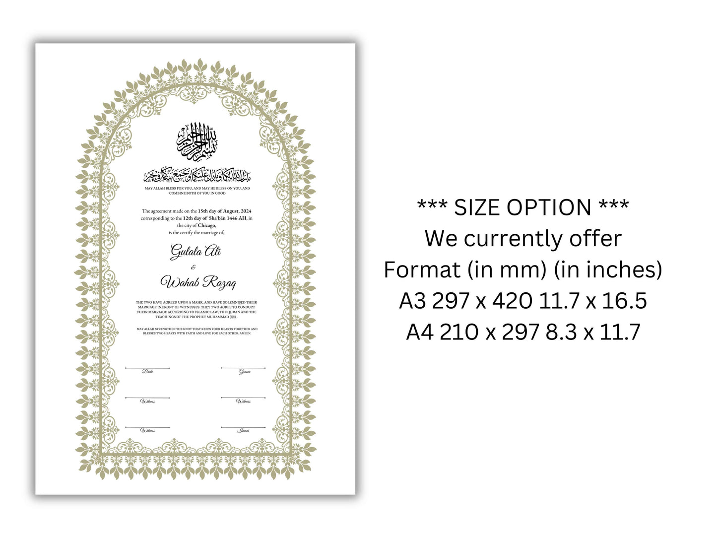 Personalised Nikkah Contract, Nikah Nama, Customised Muslim Marriage Certificate, Keepsake, Wedding Gift for Bride/Groom. 162