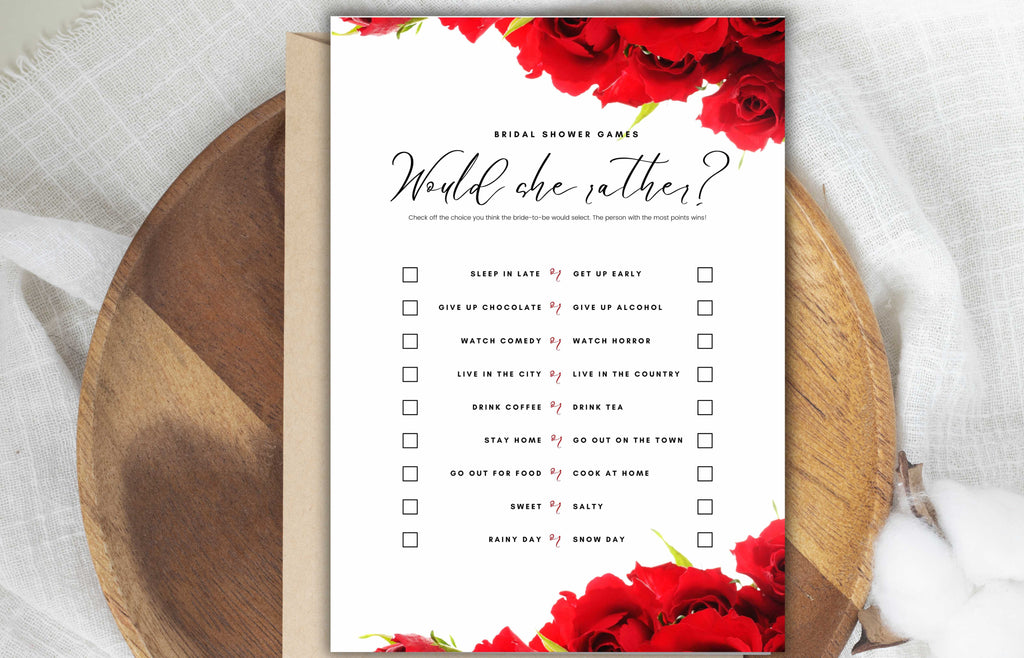 Red Rose Wedding Shower Game, Modern Bridal Shower Game, Editable Text, Modern Editable Game Card, WS47
