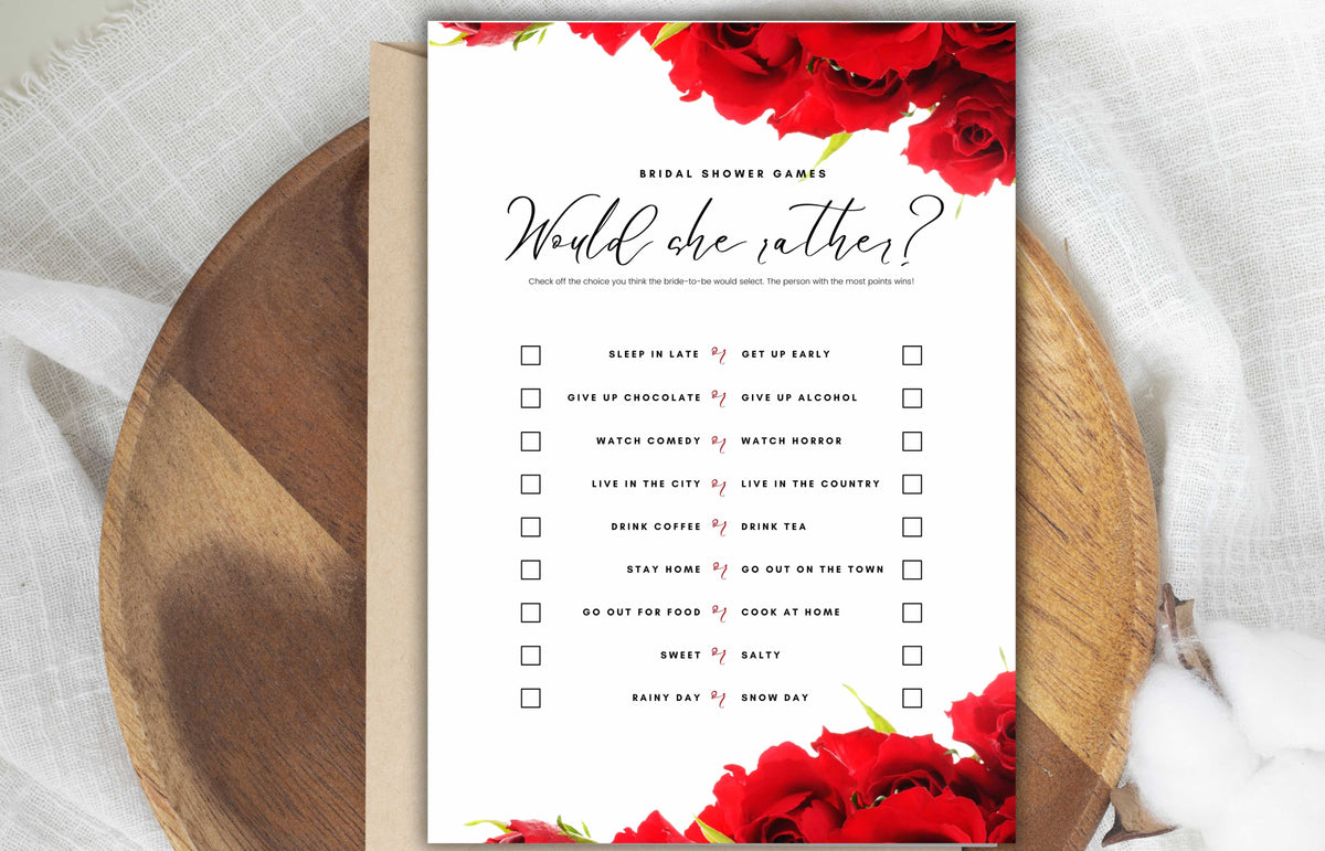 Red Rose Wedding Shower Game, Modern Bridal Shower Game, Editable Text, Modern Editable Game Card, WS47