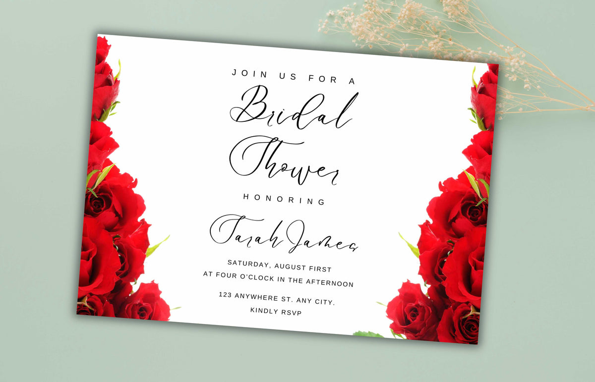 Red Rose Bridal shower invitation, Red Bridal shower invitation template, Red roses bridal invitation, Editable Template, WS46