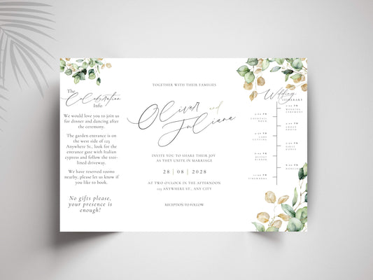 Gatefold Wedding Invitation Template | Green Folded Invite | Printable Ceremony Card | Modern Wedding Schedule Design. WIB127