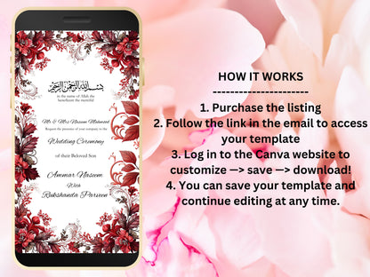 Muslim Wedding Invitation, RedCard Invite, Muslim E-Card, Animated Digital, Template, Digital Wedding Card, Floral Wedding Invitation. WEI28